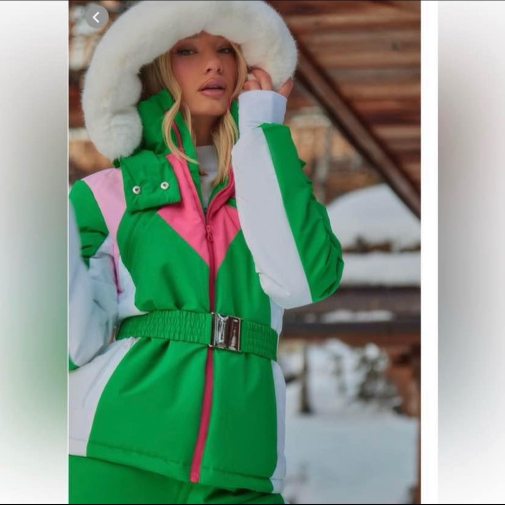 PrettyLittleThing Green and Pink Ski Jacket